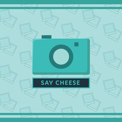 Digital png illustration of say cheese text, camera on turquoise and transparent background