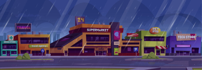 Rainy parking with autos outside supermarket. Vector cartoon illustration of large shopping mall building, drugstore, travel agency, tech store, pet shop, cafe entrances, parked autos, water puddles