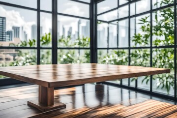 Background of wood table top on blurry glass window wall