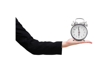Digital png illustration of hand holding alarm clock on transparent background