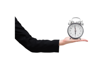 Digital png illustration of hand holding alarm clock on transparent background