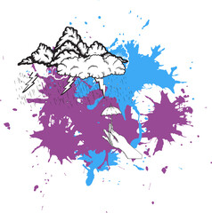 Digital png illustration of cloud, hand with umbrella on blue, purple and transparent background
