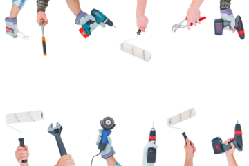 Digital png illustration of frame of hands holding tools with copy space on transparent background