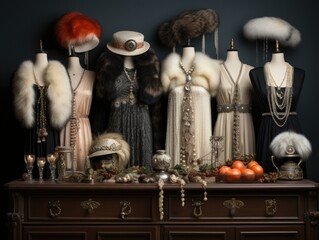 wardrobe of fur coats and feather jacket, knitted wear. winter clothes