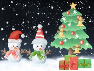 snowman with christmas tree background 