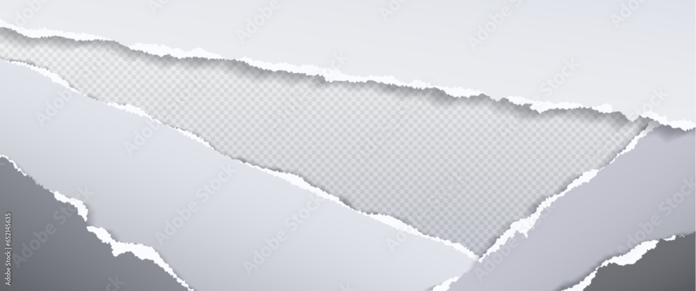 Poster torn paper edge texture vector background. blank rip border banner. grunge shredded sheet set on tra