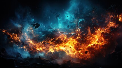 Fototapeta na wymiar flowing Lava, flying ash, Hellish Burning Flame, mystical night