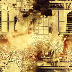 Urban tales: sketch of houses and trees. Digital art and watercolour, ink texture. Seamless pattern for ackaging, scrapbooking, textile. Endless motif. - 652146484