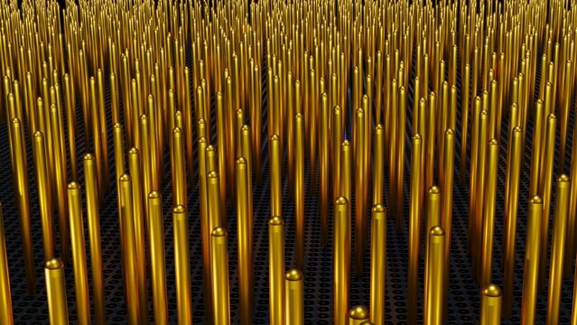 Array of gold nanowires. Golden nanorods. Hundreds of gold cylinders, rods, pipes. Electric wires, connectors. Thin metal contact pins for electronic devices. Nanotech. 3d render illustration