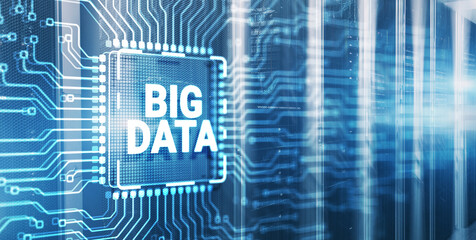 Obraz premium Big data on server racks background. 3d Electronic Circuit Board Chip