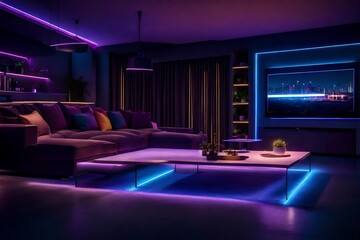 Nighttime Modern Living Room And Open Plan Kitchen With Neon Lights