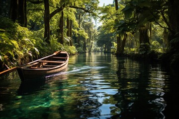 A boat in a river amidst the lush greenery of a forest with its natural beauty. ai design