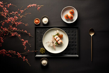 A flat lay composition infusing joyful Japanese minimalism into a Christmas tabletop setting,  artisanal cookware, and subtle holiday accents, ensuring ample copy space in the background.