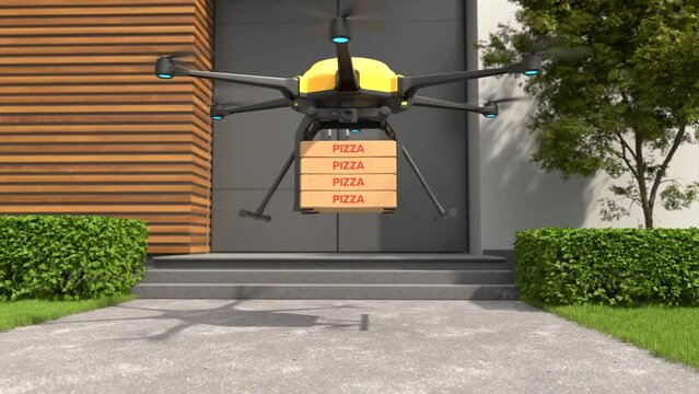 The drone is delivering pizza, Fast food delivery concept, Drone food delivery technology