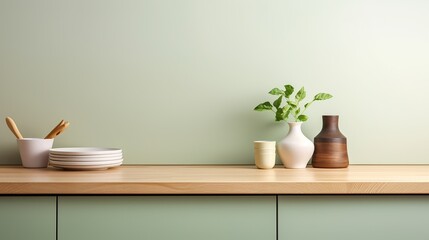 Fototapeta na wymiar Coastal style green blank empty space kitchen countertop with kitchen utensils and indoor plant, Scandi interior design, AI generated