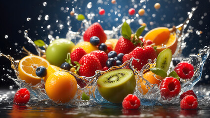 fresh multi fruits splashing into clear water splash healthy food diet freshness concept. Design...