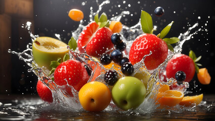 fresh multi fruits splashing into clear water splash healthy food diet freshness concept. Design element for advertising. Generated AI