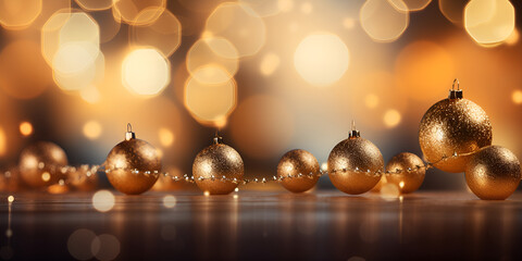 Christmas or new year composition border made of golden Christmas balls decorations with broken lights background New Year's Delight Glowing Christmas Bolls Border AI Generative  - obrazy, fototapety, plakaty