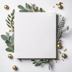 White blank paper greeting card with Christmas decorations, holidays festive mock up, Generative ai