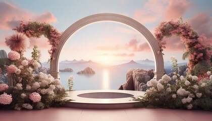beauty podium surrounded by lush greenery, set against a backdrop of a dreamy. Romantic 3d scene - obrazy, fototapety, plakaty