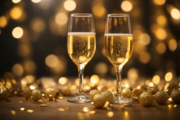 glasses of champagne on christmas sparkling golden bokeh background with copy space