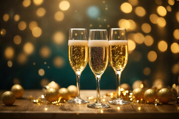 Three glasses of Champagne for festive cheers with golden sparkling bokeh background	