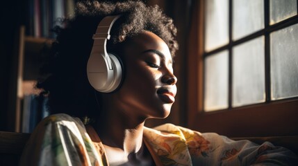 Portrait on a dark background of a beautiful young woman listening to music on headphones with her eyes closed.