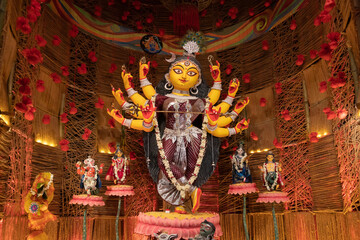 Howrah, West Bengal, India- 3rd October, 2022 : Beautifully decorated Durga idol is being...