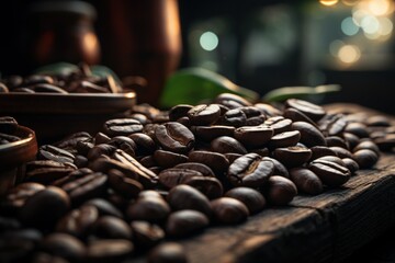 Close-Up Coffee Beans on a Wooden Surface. Generative AI.