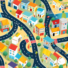 Residential district of a cozy cartoon town in summer. Aerial view of a city with small houses and roads on a sunny day. Seamless tile illustration