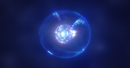 Abstract blue energy sphere with flying glowing bright particles, science futuristic atom with electrons hi-tech background
