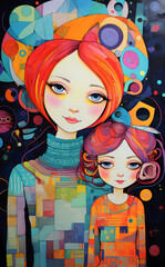 Waist up portrait of a mother and her cute little daughter in orange and blue. Pretty woman and girl that look alike and similar