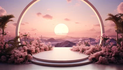Foto op Plexiglas beauty podium surrounded by lush greenery, set against a backdrop of a dreamy. Romantic 3d scene © Nob