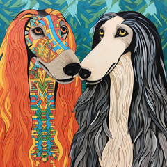 Tho Afghan hounds with long beautiful hair, close-up portrait. Stylized illustration of 2 pretty purebred dogs