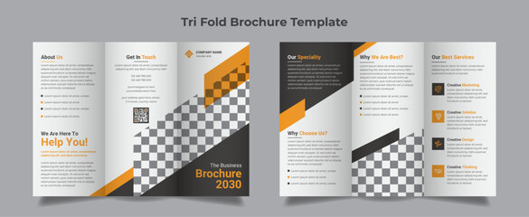 business trifold brochure template. Corporate, Modern, Creative and Professional tri fold brochure vector design. Simple and minimalist promotion layout with orange color for business

