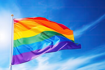 Rainbow flag on blue sky background. Pride day LGBTQ wavy flag banner concept.