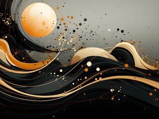 Background in black and gold colors with round elements and waves