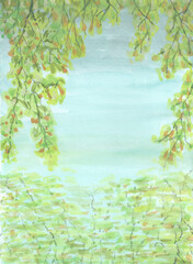 Naklejka premium Watercolor painting nature background of trees with branch, shadow and river or canal on paper. illustration landscape for environment or spring, summer and season concept. Hand painted texture style.