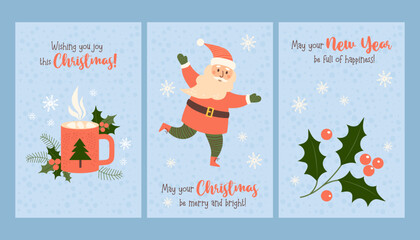 Collection Christmas card. Cute Santa Claus, New Year cup and branch festive holly berry with congratulations on blue background with snowflakes. Vector illustration. Xmas holiday vertical card.
