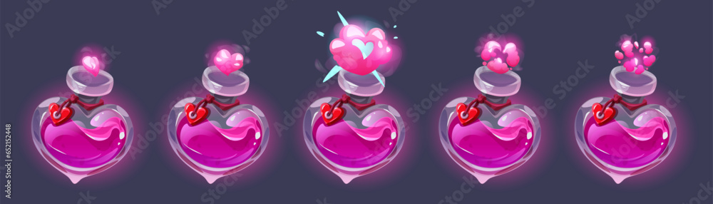 Aufkleber love potion bottle animation sprite sheet isolated on background. vector cartoon illustration set of