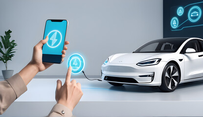 choosing an electric vehicle, electric car choices, pointing at a symbol on a charging machine, electric car production, virtual technology, AR (Augmented Reality), VR (Virtual Reality), and the metav