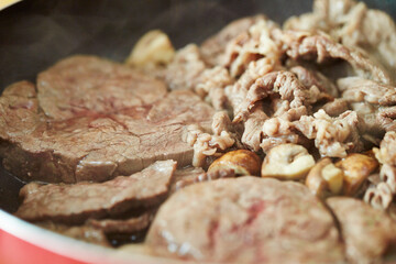 frying pan with meat