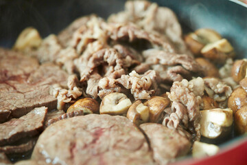 frying pan with meat