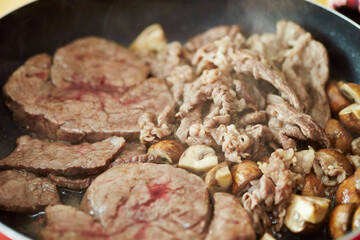 frying pan with meat