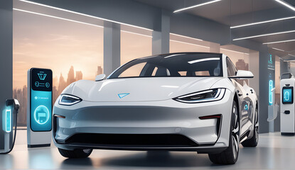 Obraz premium choosing an electric vehicle, electric car choices, pointing at a symbol on a charging machine, electric car production, virtual technology, AR (Augmented Reality), VR (Virtual Reality), and the metav