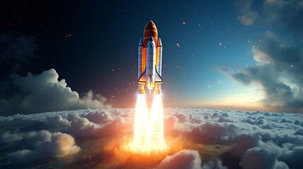 Taking off rocket made with technology, rocket flame ignites as it takes off into space. - obrazy, fototapety, plakaty