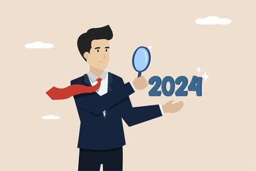 Business prospects for 2024, planning or forecasting, vision of future success, new year achievement targets, smart business people looking with a magnifying glass for 2024 for business prospects.