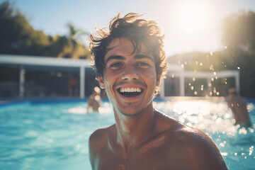 smiling young handsome man enjoys his outdoor summer vacation at a swimming pool, indulging in his favorite hobby and creating lasting memories of fun and relaxation