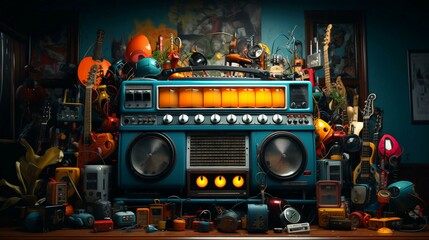 Old stylish vintage audio retro music cassette tape recorder poster from the 80s 90s