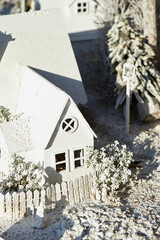 Snow-covered miniature houses, toy houses